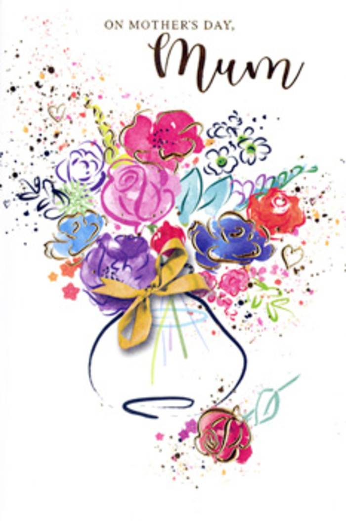 The image on this Mother's Day card shows a jubilant, artistic bouquet as though sketched straight from a florist's imagination, then washed in watercolour. Splashes of hot pink, cerise, and soft coral mingle with cooler indigo and lavender tones, each flower suggested by loose, rounded petal shapes rather than rigid outlines. Fine lines of deeper blue and occasional touches of inky black provide structure, while subtle golden highlights trace around some petals and leaves, hinting at the glow of streetlights along Catford Road on a mild spring evening. Tiny hearts and scattered paint flecks float around the main arrangement, like confetti drifting down after a celebration at a family gathering. The bouquet sits in a small, gently curved vase, painted with transparent layers and finished with a simple golden bow, reminiscent of the careful ribbons tied in local Catford florist studios. The background remains airy and uncluttered, mostly white, allowing the vivid colours to take centre stage and giving the design a sense of breezy openness, like the feeling of walking through Ladywell Fields when everything is just beginning to bloom. The illustration carries a mood of gratitude, joy, and deep affection, suggesting a child's heartfelt appreciation for their mum. It feels both spontaneous and intentional, echoing the way a bespoke bouquet is composed not just for appearance, but to capture memories, personality, and the unique bond shared between mother and child in Catford homes.