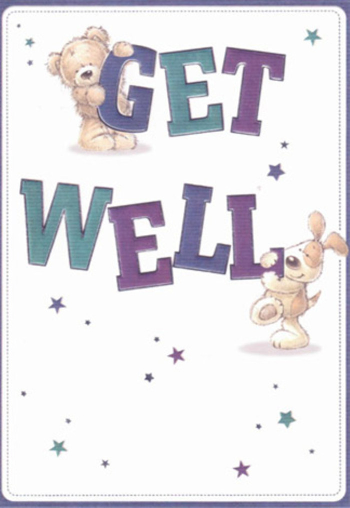 This vivid get well card, cherished throughout Catford for its warmth and sincerity, features a joyful scene of a bear and floppy-eared pup surrounded by twinkling stars that seem to scatter good wishes throughout the room. The textured softness of the bear's fur and the puppy's velvety ears brings a comforting, almost touchable quality, akin to the tactile pleasure of running fingers over fresh blooms from a Catford High Street florist. The chunky, confident typography of 'Get Well'-expertly brushed in rich shades of purple and turquoise-grounds the scene in hopeful energy, much like the reassuring presence of a carefully curated bouquet on a patient's nightstand. Star motifs drift across a clean, airy background, offering hints of magical encouragement for anyone under the weather. The emotional storytelling woven into these illustrations echos the thoughtful process behind every local flower delivery: each aspect considered, every flourish intended to lift the heart, from Rushey Green to Downham. Imagine presenting this card alongside a bespoke bouquet from Flowers Catford, both radiating care and positivity-an artistic pairing designed to brighten a difficult day. The atmosphere is light yet nurturing, tailored for anyone in Catford needing a gentle reminder of friendship, hope, and the healing energy found in small acts of kindness.
