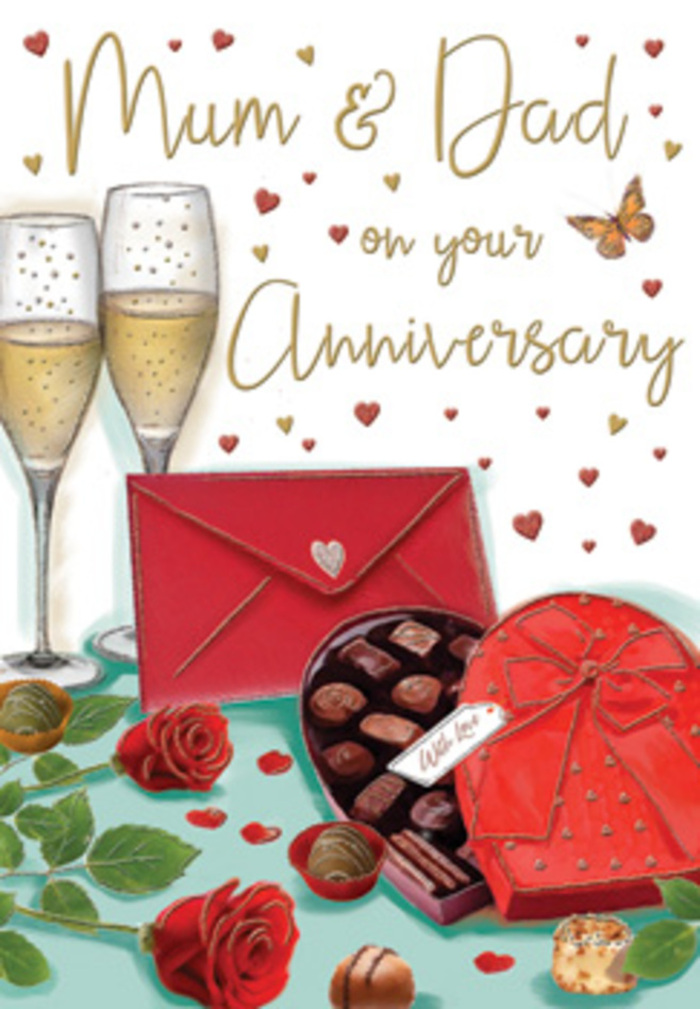 This detailed anniversary card design depicts a romantic celebration scene that could easily be imagined on a Catford dining table laid out for Mum and Dad. Dominating the foreground are two velvety red roses, their petals full and layered, painted with subtle variations of crimson that mimic the richness of a florist's premium stems. They rest among soft green leaves, the foliage adding depth and a natural contrast to the intense red blooms. Just alongside is a heart-shaped box of chocolates, its lid tipped back to reveal an assortment of glossy, indulgent sweets. The box is richly coloured in red, crowned with a dramatic bow whose satin loops curl and fall with a lifelike sense of movement. Slightly behind, two elegant champagne flutes stand side by side, filled with pale gold champagne; tiny rising bubbles catch the illustrated light, hinting at the gentle clink of a toast offered in appreciation of years spent together. Scattered around the composition are small hearts in shades of crimson and metallic gold, drifting upward like confetti and framing hand-lettered text that addresses "Mum & Dad" with affection. A striking scarlet envelope, sealed and resting with a purposeful tilt, adds a note of intimacy, as if it holds a private message written that morning at a kitchen table near Rushey Green. The colour palette balances warm reds and gleaming golds against a soft, neutral background, creating a feeling of cosiness and glow. Overall, the artwork conjures up the scent of roses, the sweetness of shared chocolates, and the warm, familiar joy of marking another anniversary together. Crafted with the same attention to detail a florist brings to an arrangement, it encapsulates love, gratitude, and celebration in one carefully composed scene.
