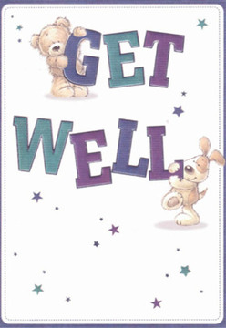 Within this charming Catford-inspired get well card, a plush teddy bear perches atop the bold lettering of 'GET' while a spirited puppy nuzzles the 'WELL' beneath-capturing a scene as comforting as a hand-delivered bouquet from Flowers Catford to Ladywell Fields or Sandhurst Road. Their rounded, expressive features spill warmth and hope, gently mirroring the emotional uplift that comes with thoughtfully arranged flowers sent to a friend in need. The illustrated text, shaded in indigo, teal, and lively purple, commands attention against a crisp, clean background, evoking the freshness and clarity of an expertly presented floral arrangement. Stars-each one a little wish-scatter playfully, much as petals do across a florist's worktable, their hues mirroring twilight skies seen above Catford Bridge. The bear's soft fur and the puppy's inviting paws conjure a sense of tactile comfort-almost as if you could reach out and feel their support. Lively yet calming, the card's design is imbued with a nurturing, light-hearted optimism that reassures in times of illness, perfectly matched for a bouquet chosen to soothe and invigorate. Much like Flowers Catford's service, every detail invites the recipient into a space of healing and gentle cheer-offering a moment of respite and a heartfelt wish for brighter days ahead.