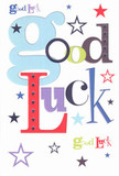 A playful good luck card lies against a clean white background, its entire design built around the bold, cheerful phrase "Good Luck" picked out in a medley of colours and fonts. The oversized pastel-blue letters curl and loop with a friendly, hand-drawn feel, weaving between solid blocks of lively red, mossy green, and rich violet that add weight and confidence to the wish. Around the words, a constellation of tiny stars scatters in every direction, some in deep navy and inky indigo, others in sky blue, lilac, and soft lavender, like a night sky slowly brightening before dawn. Each star varies slightly in size and intensity, from crisp, graphic shapes to faint, almost whispered glimmers, suggesting possibility stretching far beyond what the eye can see. The card's surface appears smooth and high quality, with that subtle, satisfying sheen you notice when you run your fingertips over good cardstock. There are no flowers printed here, yet the composition has the same balance and happiness as a fresh bouquet preparing to go out for delivery from a Catford florist near the bustle of Rushey Green. The generous white space around the colourful letters lets every shade breathe, giving the design a modern, airy feel that keeps the focus firmly on encouragement. You can almost imagine slipping this card beside a bright bouquet delivered to a friend starting a new job, sitting an exam at one of the local schools, or moving into a first flat near Mountsfield Park-a small, tactile piece of support that quietly says, "I believe in you," long after the moment of giving has passed.