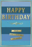 In this image, a beautifully composed birthday card stands against a calm backdrop, its design radiating an atmosphere of ease and gentle celebration well suited to a cosy Catford home. The card face is divided into generous horizontal stripes that progress from deep navy at the top to softened denim and teal, then into a pale sky blue at the bottom, giving an effect similar to watching dusk melt into morning along the paths of Mountsfield Park. Across the centre, the phrase "HAPPY BIRTHDAY" is stamped in proud, embossed gold capital letters, each letter catching the light with a soft metallic sheen. The raised text suggests a satisfying tactile feel-smooth, cool, and substantial under the fingertips. Beneath this central greeting lies a decorative golden flourish, a symmetrical curling motif that adds a note of traditional elegance, reminiscent of the careful detailing you might notice in a cherished heirloom. Near the lower third of the card, three slender golden banners are arranged in a neat stack, each ribbon carrying a warm, encouraging message: "Relax, have a great day and enjoy!" The metallic finish of the banners reflects light gently, complementing the glow of the main text. A slim gold border encircles the entire design, framing the blues like a picture and emphasizing the tidy, balanced layout. The combination of restful colour, refined gold accents, and simple, heartfelt wording creates a mood of thoughtful kindness. It is easy to imagine this card displayed beside a fresh birthday bouquet on a Catford windowsill, bringing a moment of quiet happiness and appreciation to the person celebrating.